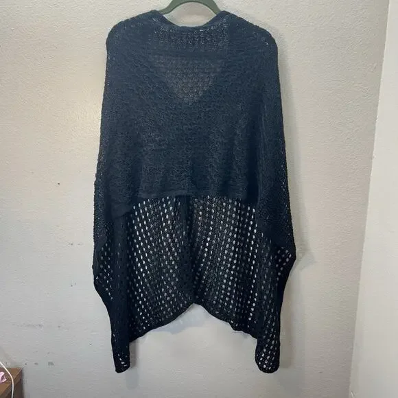 J Jill Poncho Shawl One Size Black Open Knit Linen Blend Lightweight Lagenlook - Picture 4 of 6
